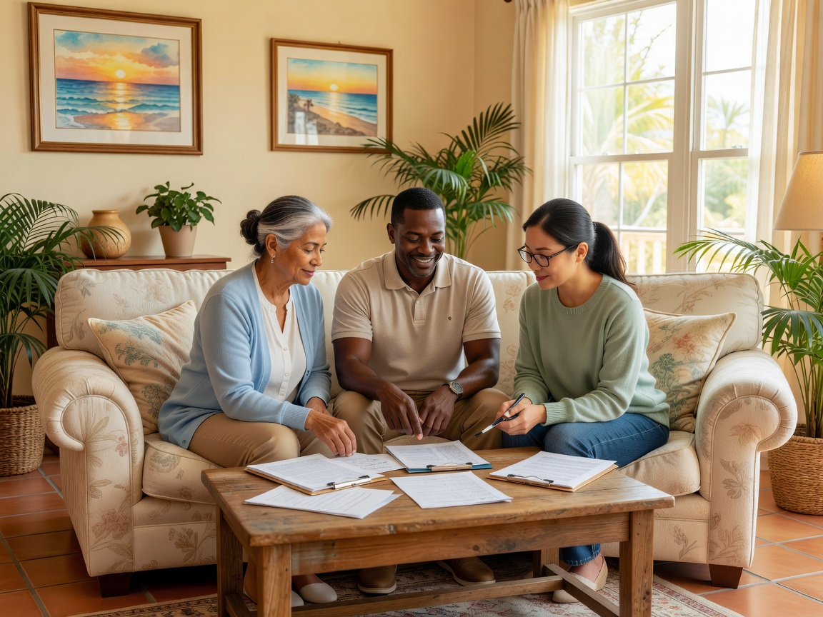 Diverse caregivers reviewing notes together in a bright Florida living room