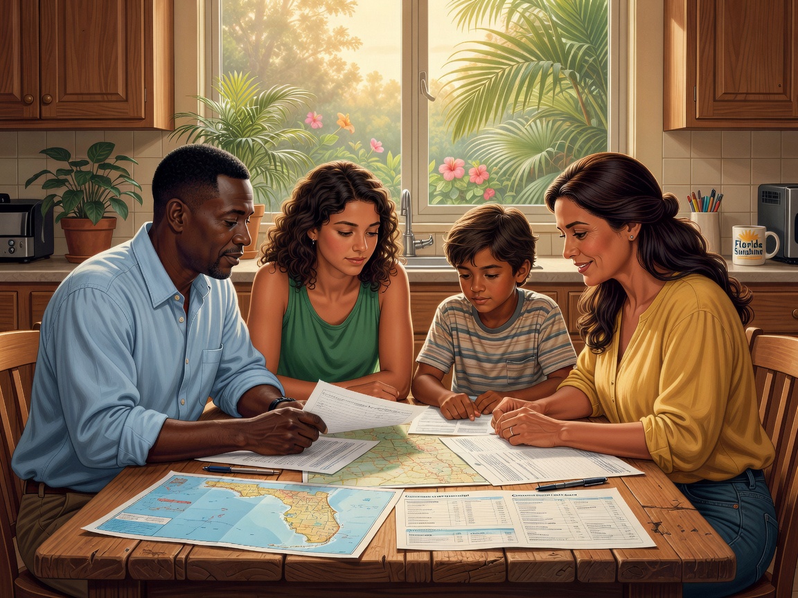 Diverse family reviewing documents together in Florida home