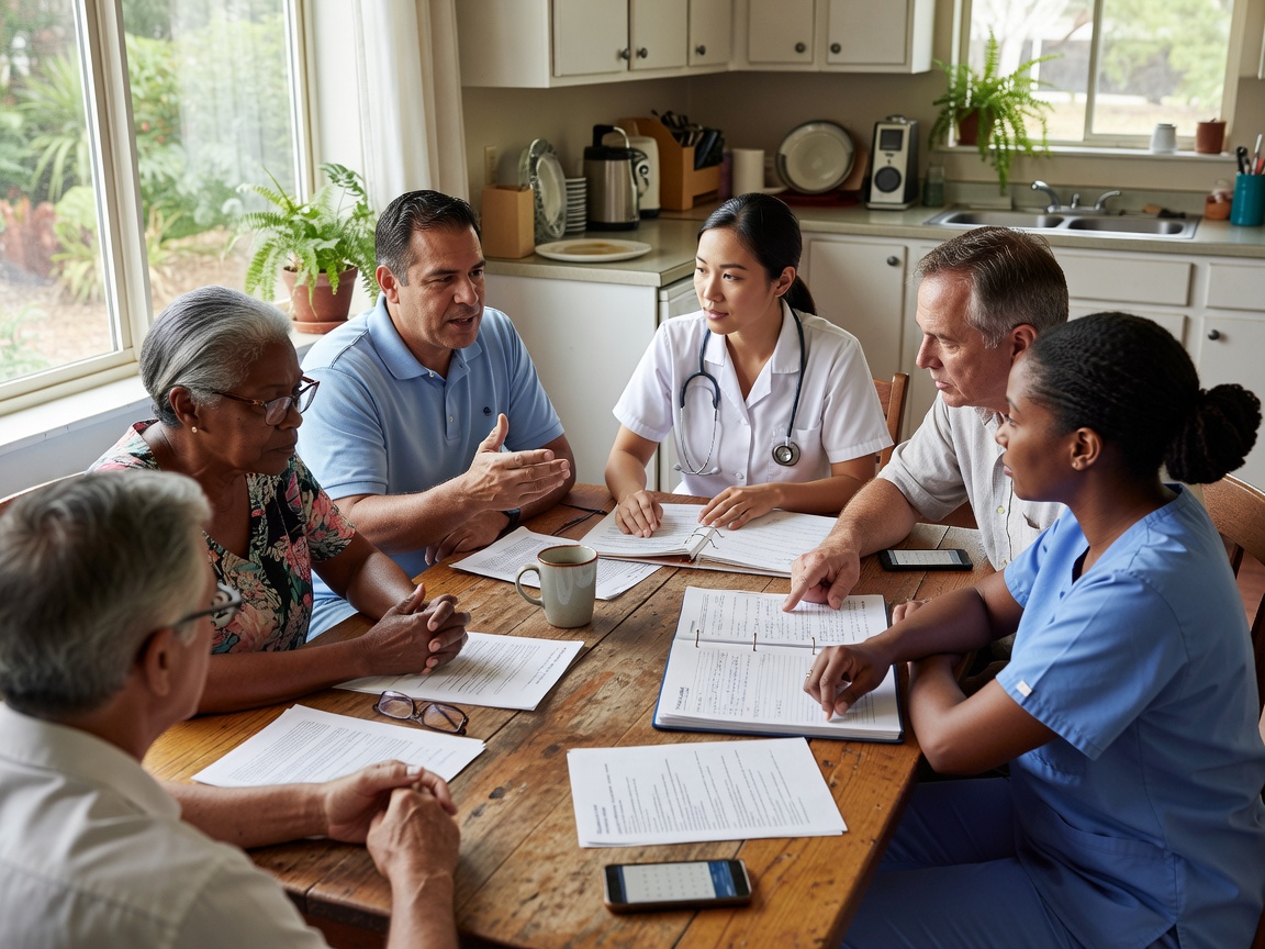 Diverse Florida family and caregiver at kitchen table