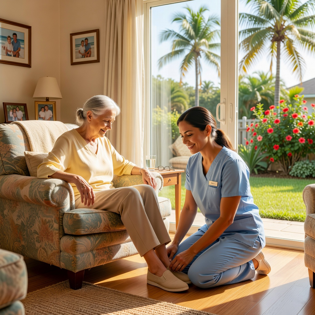 Caregiver assisting adult in sunny home setting