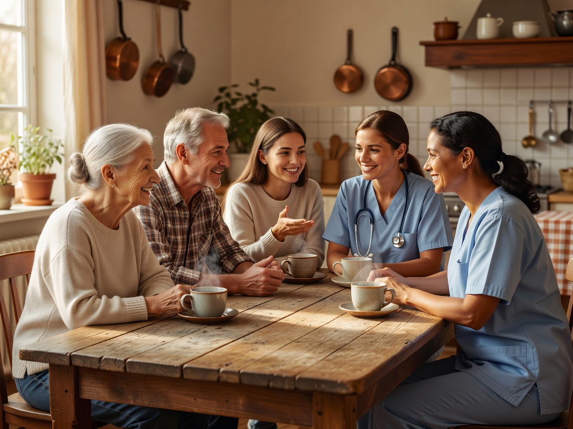 Caregivers and family members talking together at a kitchen table