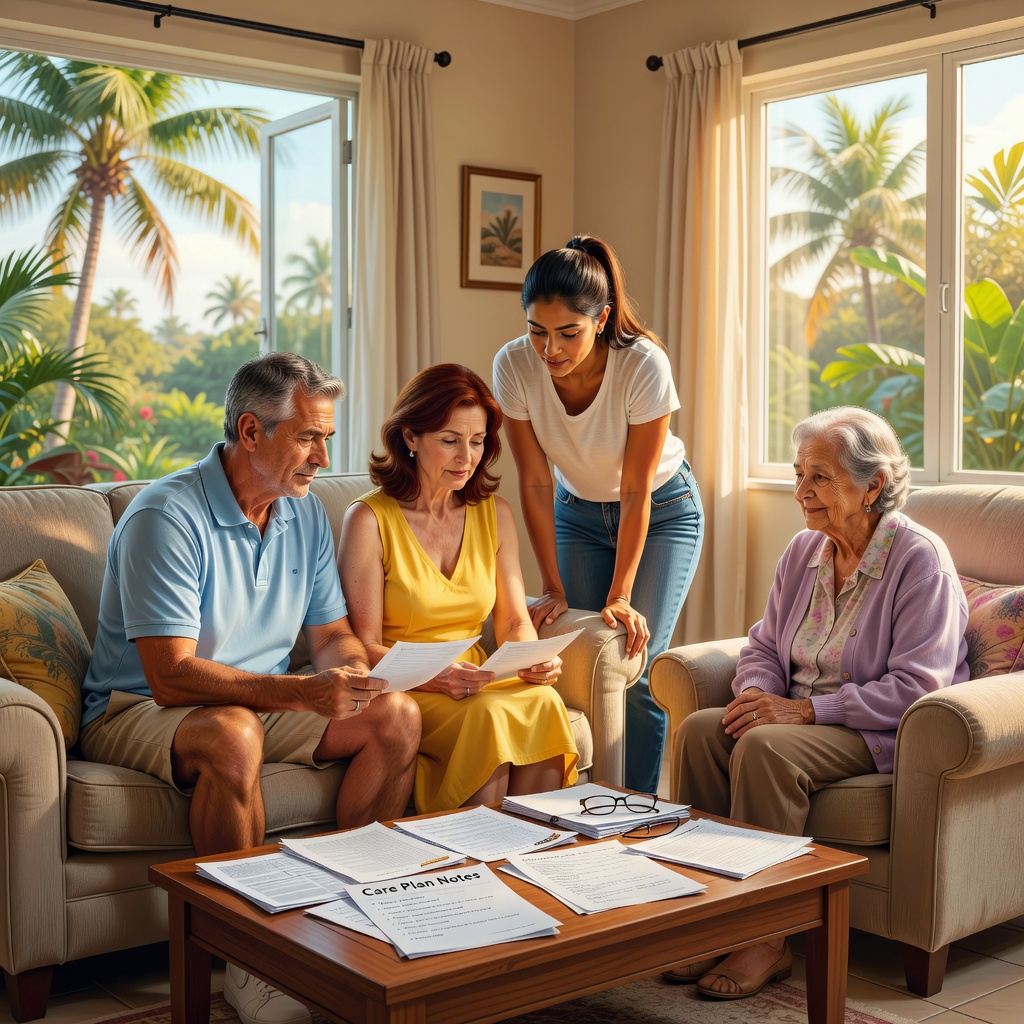 Florida family reviewing care notes in a bright home setting