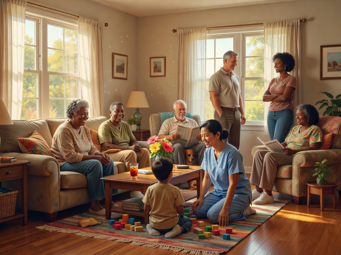Diverse support workers and families in a Florida home care scene with soft natural light