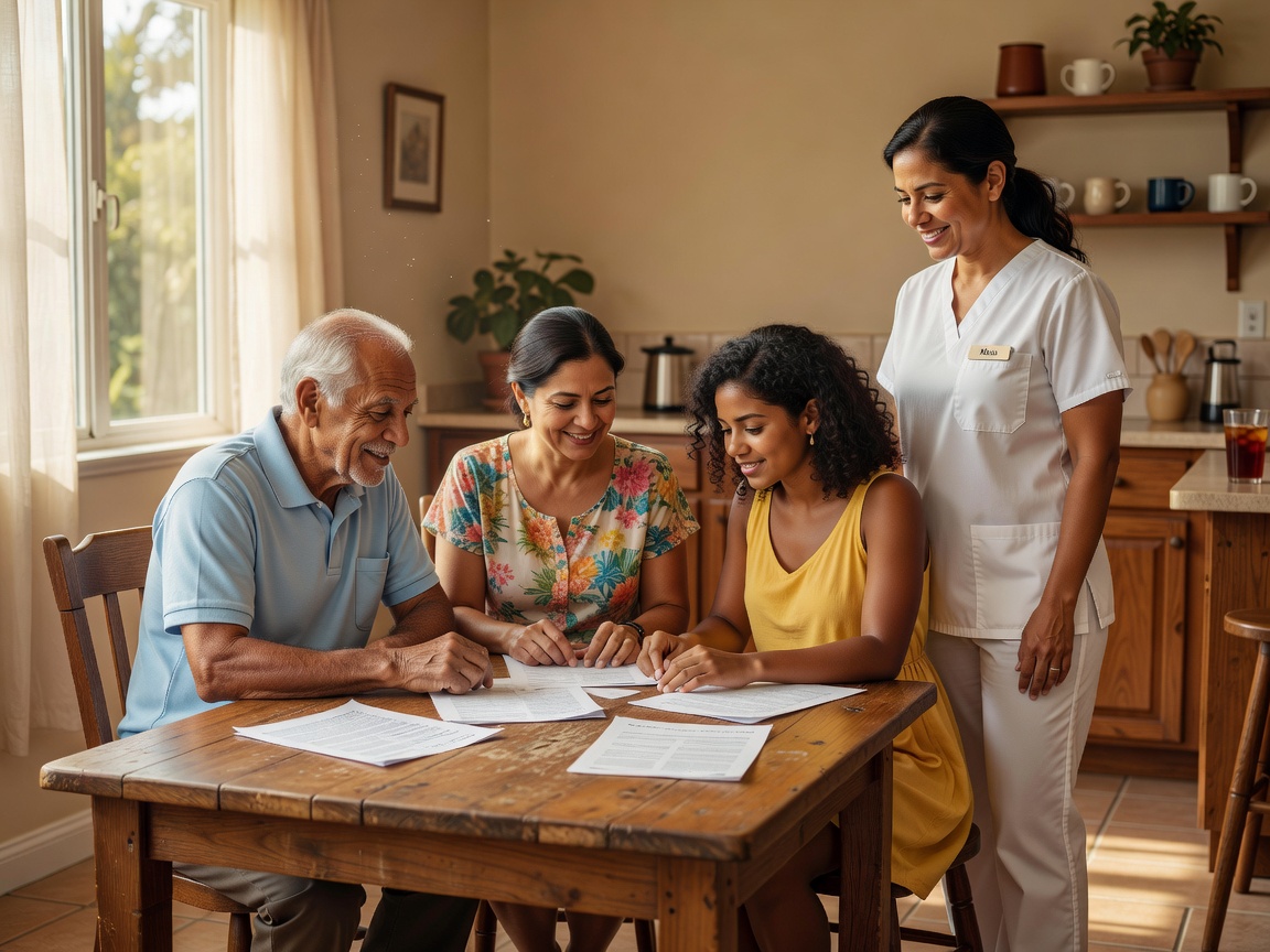 Family and caregiver in Florida home discussing care plan updates