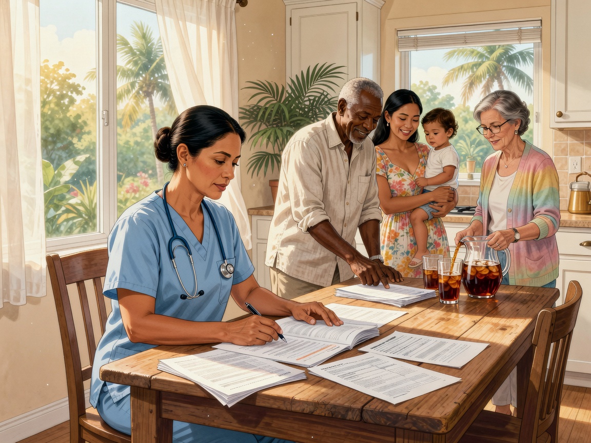 Caregiver reviewing hiring forms at home